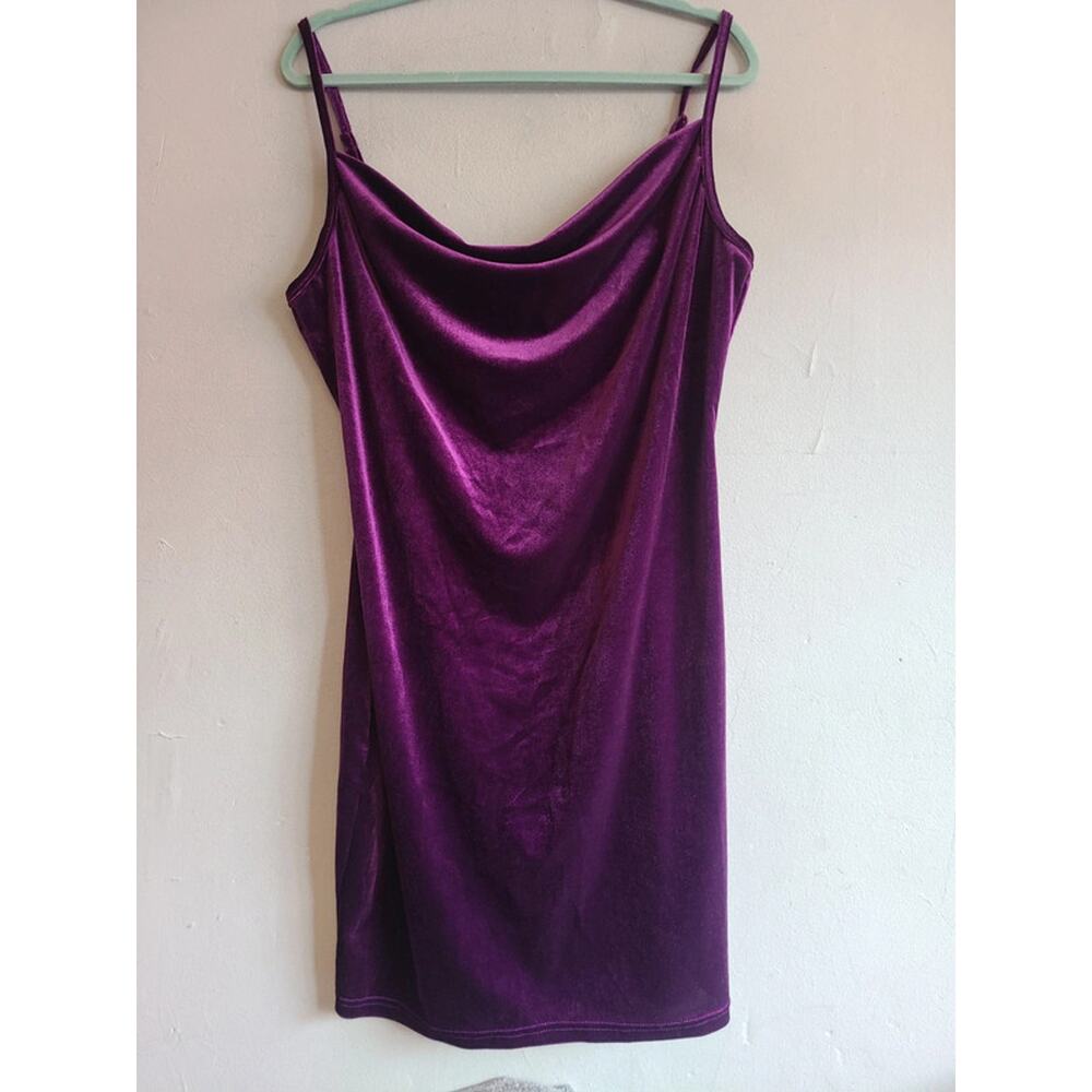 Women's large XL purple velour velvet bodycon dress sleeveless cowl neck